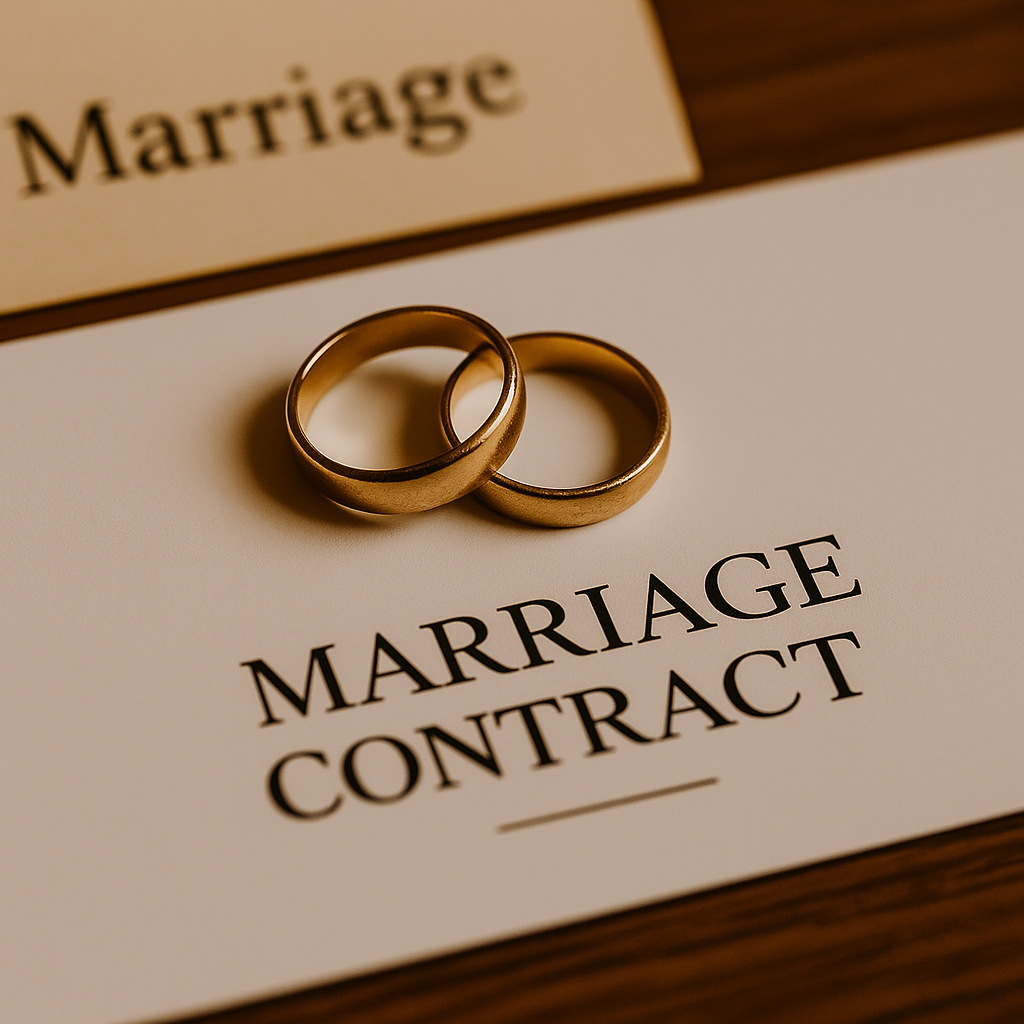 Two gold wedding rings on a marriage contract document.