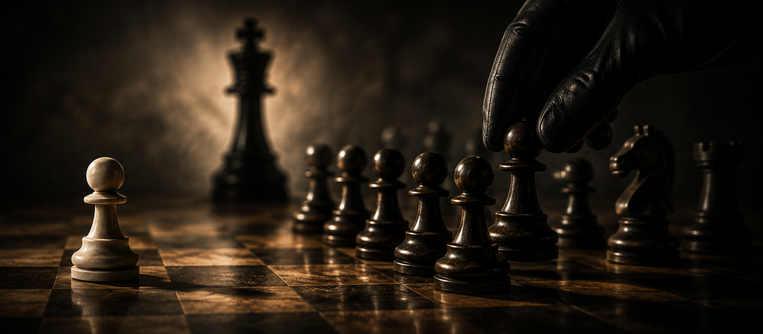 A lone white chess piece faces a line of advancing black pieces while a gloved hand subtly moves one forward, representing the coordinated psychological pressure known as flying monkeys in high-conflict relationships.