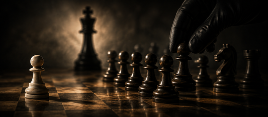 A lone white chess piece faces a line of advancing black pieces while a gloved hand subtly moves one forward, representing the coordinated psychological pressure known as flying monkeys in high-conflict relationships.