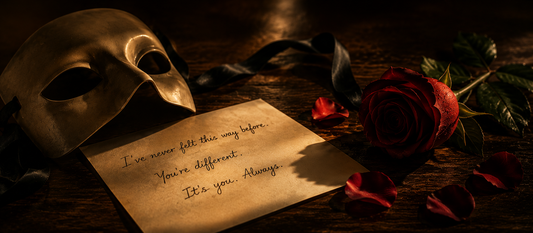 A theatrical mask beside a handwritten romantic note and red rose on a dimly lit table, representing the intense early affection associated with love bombing.