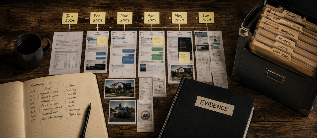 An overhead view of organized court evidence arranged chronologically by month, with printed records, screenshots, photographs, a running log, labeled folders, and an evidence binder on a wooden table.