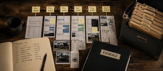 An overhead view of organized court evidence arranged chronologically by month, with printed records, screenshots, photographs, a running log, labeled folders, and an evidence binder on a wooden table.