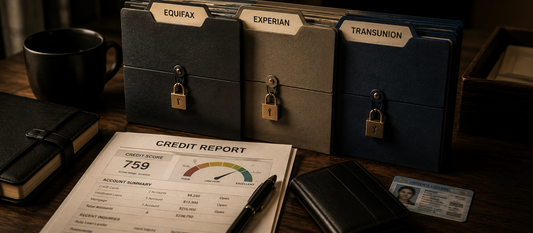 Three locked folders labeled Equifax, Experian, and TransUnion beside a credit report, wallet, and identification on a dark wooden desk, representing credit freeze protection.