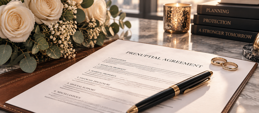 A prenuptial agreement beside wedding rings, a fountain pen, and white bridal flowers on a bright desk, representing financial planning before marriage.