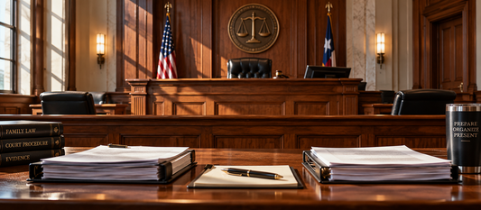 An empty courtroom with a judge’s bench, legal files, family law books, and organized case documents, representing judicial discretion and courtroom preparation.