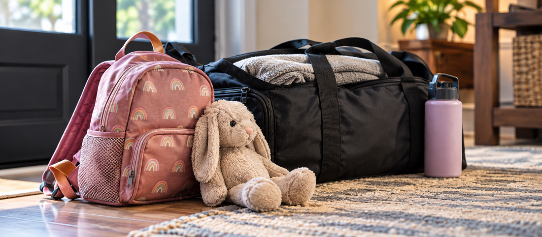 A child’s backpack, stuffed bunny, packed duffel bag, and water bottle arranged near a doorway, representing family-inclusive safety planning during a high-conflict separation.