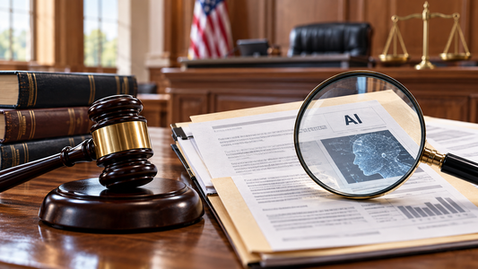 A judge’s gavel beside legal documents marked “AI,” viewed through a magnifying glass in a courtroom setting, representing scrutiny of AI-generated evidence.