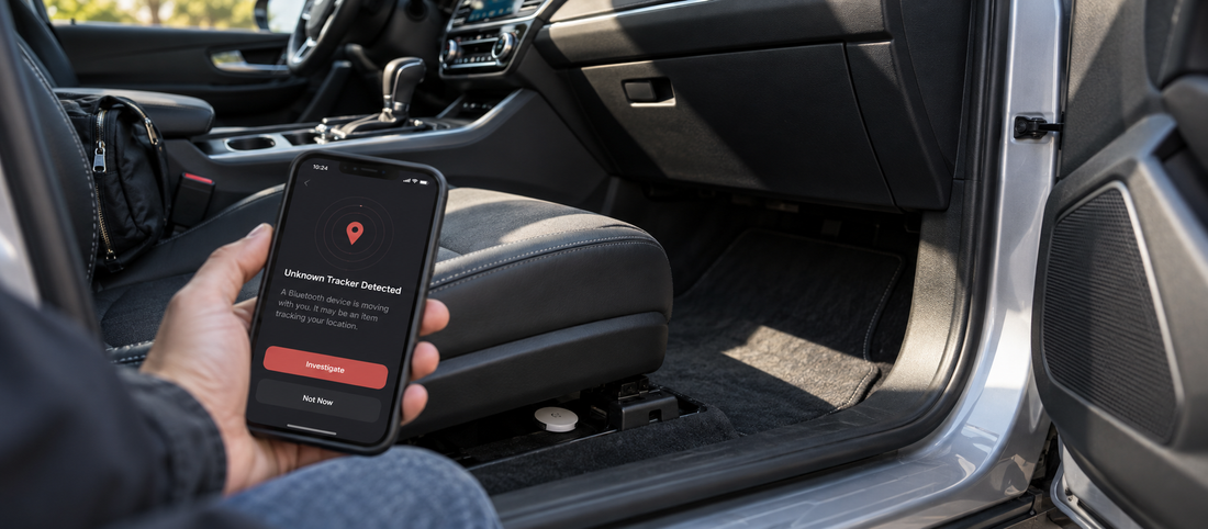 A smartphone displaying an unknown tracker alert beside a small Bluetooth tracking device hidden beneath a car seat, representing unwanted location tracking and digital safety risks.