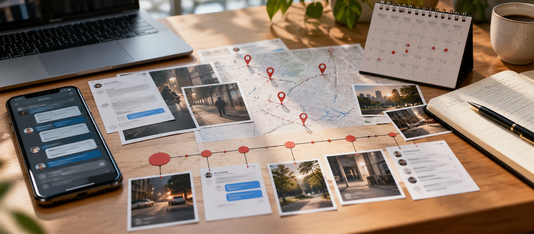 A smartphone, message screenshots, photographs, location map, and dated timeline arranged to illustrate patterns of stalking across digital and physical spaces.
