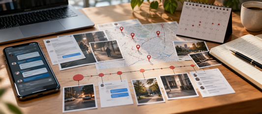 A smartphone, message screenshots, photographs, location map, and dated timeline arranged to illustrate patterns of stalking across digital and physical spaces.