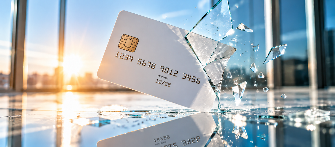 A credit card surrounded by shattered glass in a bright modern setting, symbolizing financial vulnerability and the risks of deceptive debt-relief promises.