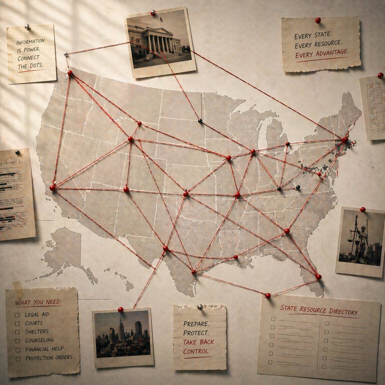 State-specific support resources directory connecting users with legal, crisis, and advocacy organizations.